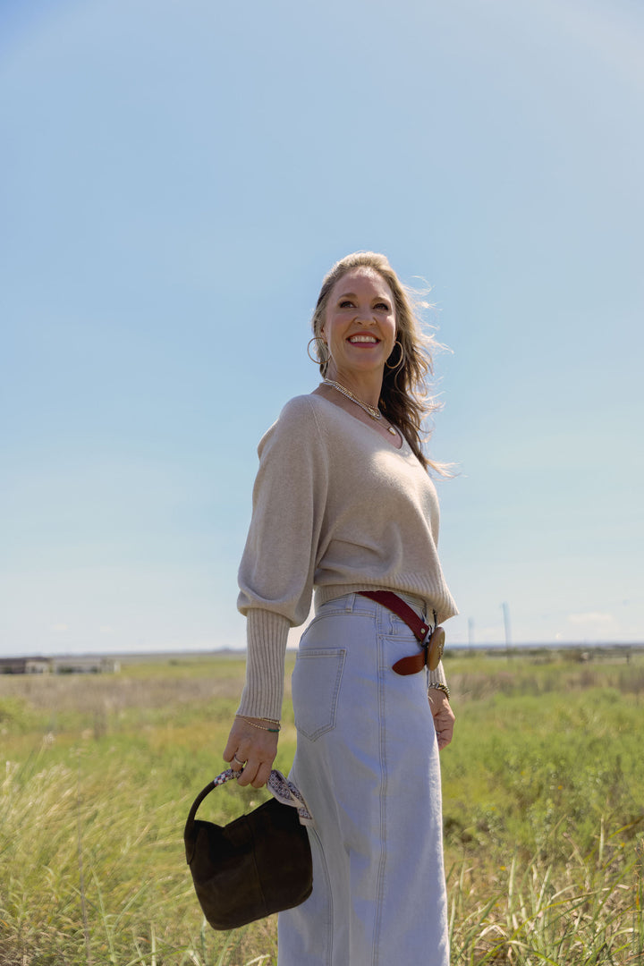 Bubble Sleeve V-Neck Knit Sweater