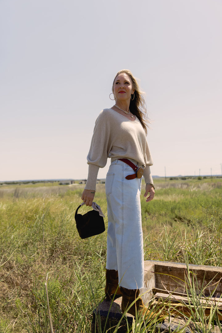 Bubble Sleeve V-Neck Knit Sweater