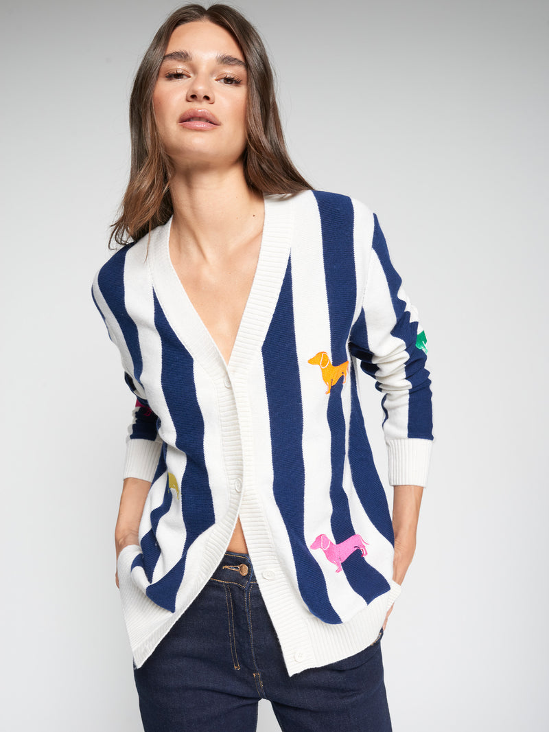 NAVY STRIPED CARDIGAN WITH DOG EMBROIDERY