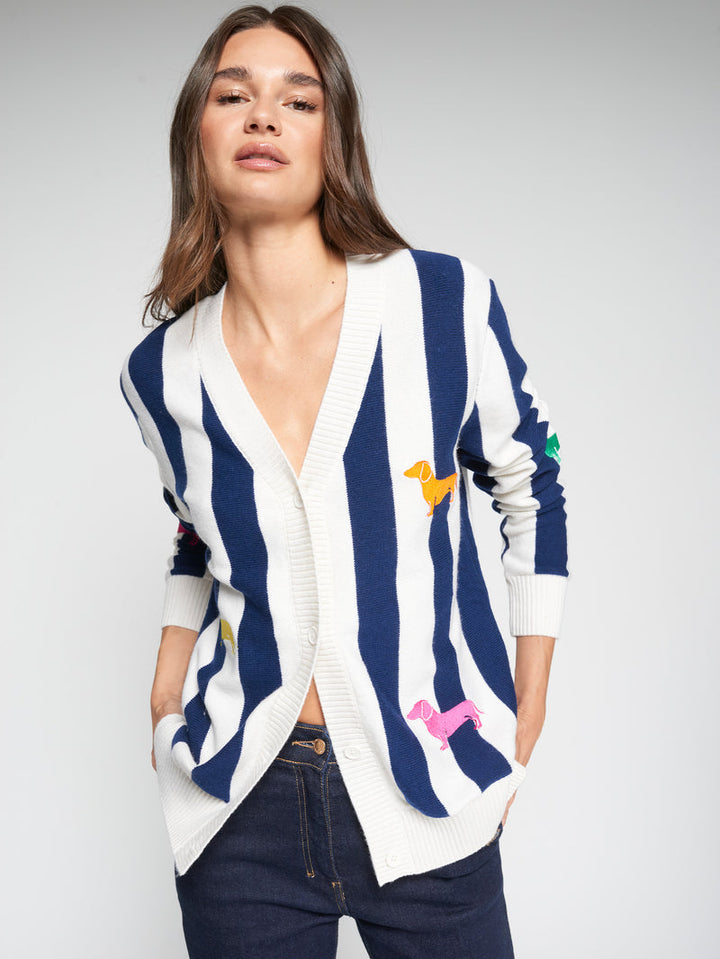 NAVY STRIPED CARDIGAN WITH DOG EMBROIDERY