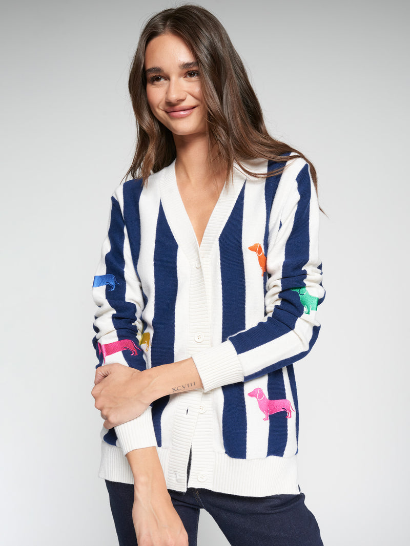 NAVY STRIPED CARDIGAN WITH DOG EMBROIDERY