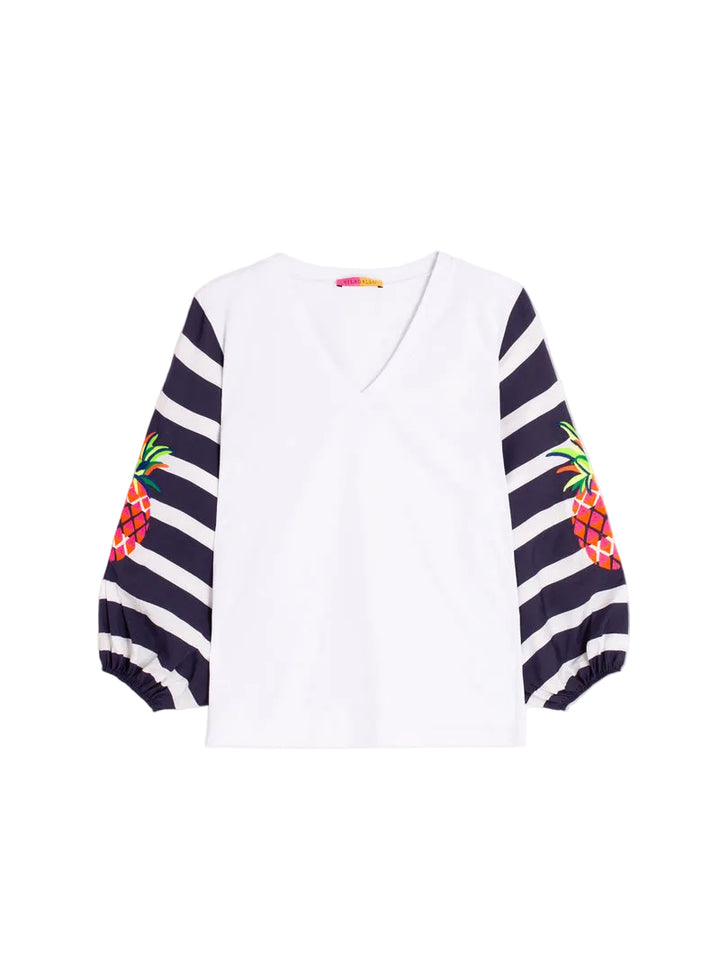 STRIPED SLEEVE T-SHIRT WITH EMBROIDERED PINEAPPLE