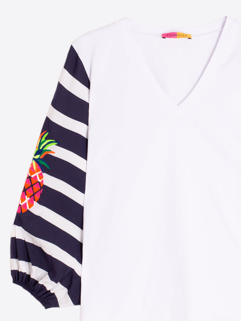 STRIPED SLEEVE T-SHIRT WITH EMBROIDERED PINEAPPLE