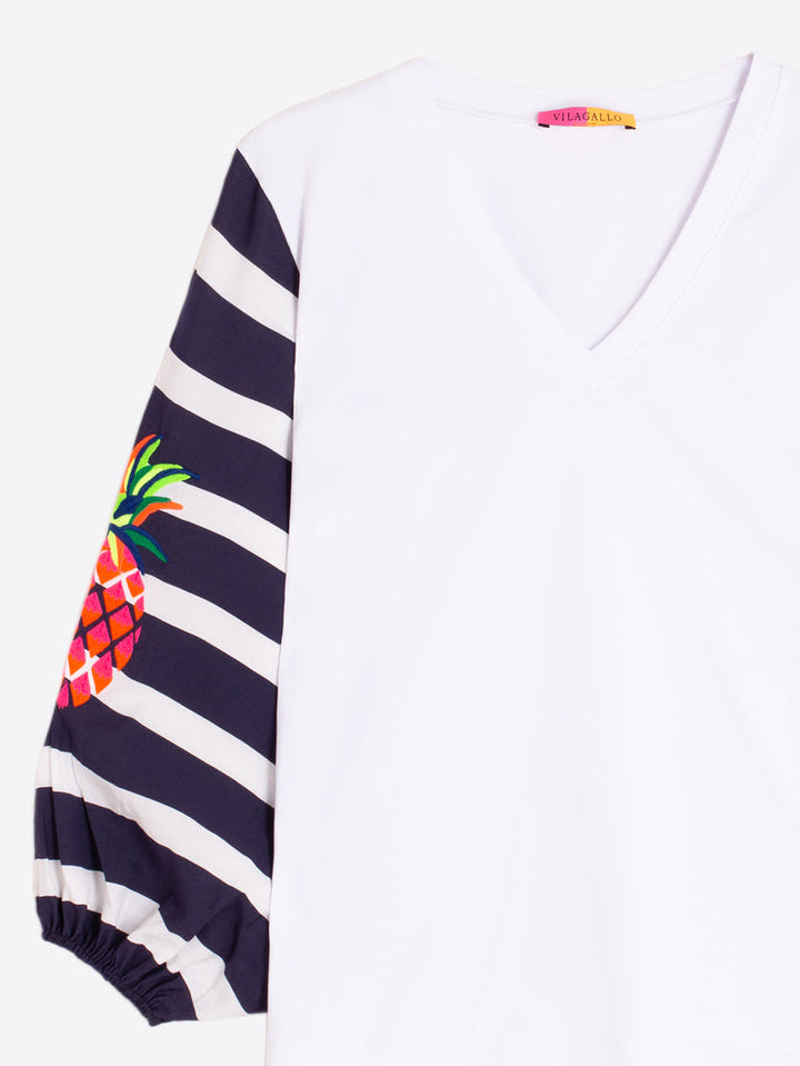 STRIPED SLEEVE T-SHIRT WITH EMBROIDERED PINEAPPLE