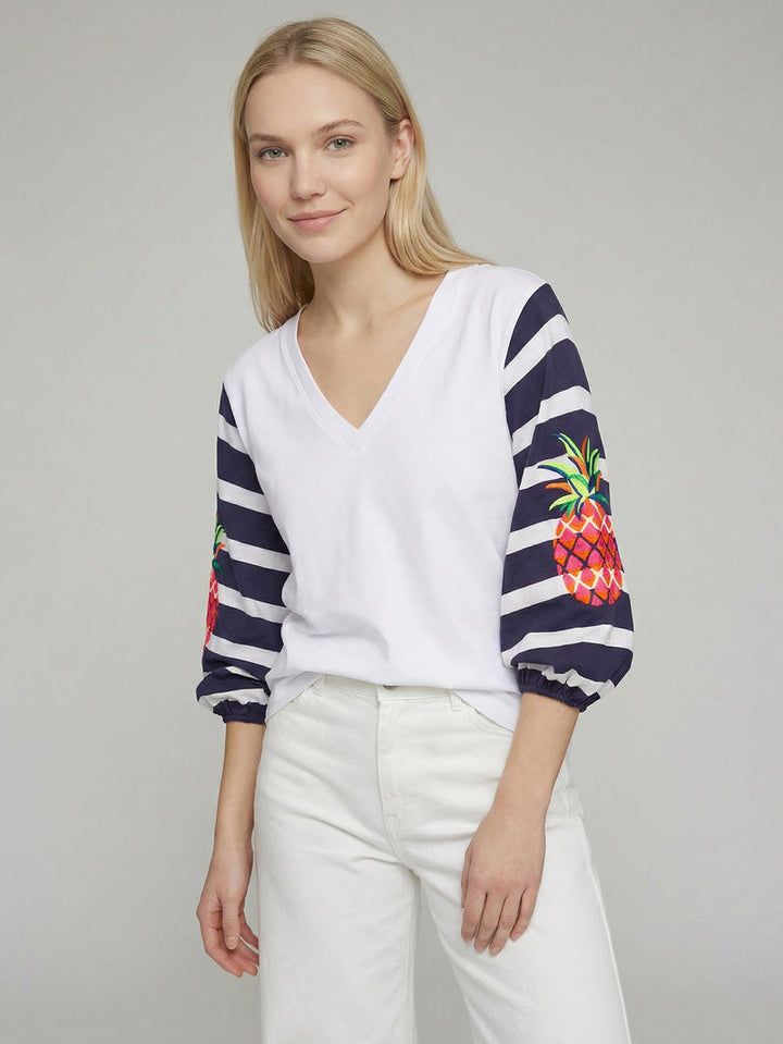 STRIPED SLEEVE T-SHIRT WITH EMBROIDERED PINEAPPLE