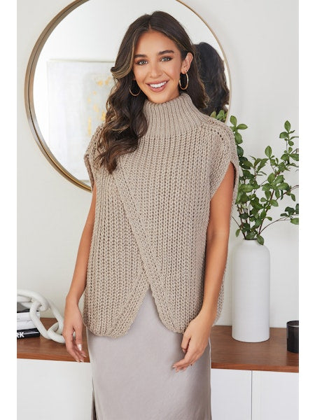 KNIT MOCK NECK SLEEVELESS PONCHO