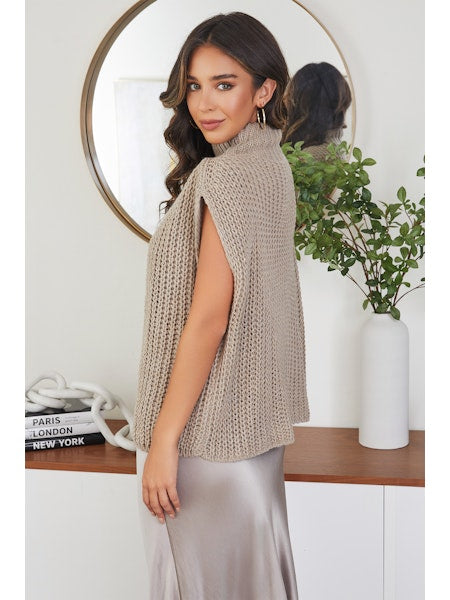 KNIT MOCK NECK SLEEVELESS PONCHO