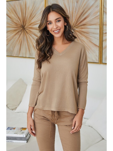 V-Neck Drop Shoulder Long Sleeve Tee